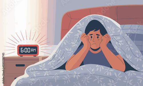 A person lies in bed, looking distressed as an alarm clock displays 6:00 AM, suggesting sleep deprivation or morning anxiety.