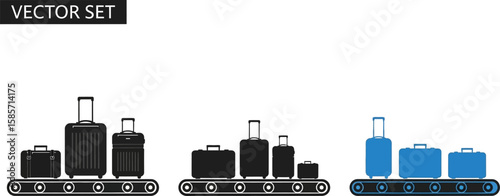 Vector set of luggage on conveyor belts at airport or travel destination