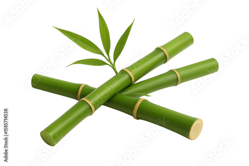 Three green bamboo stalks with leaves isolated on transparent background