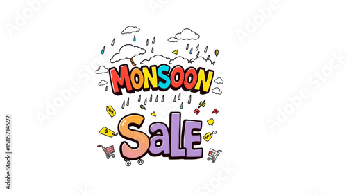 Fun and Colorful Monsoon Sale Banner with Clouds, Raindrops, and Shopping Icons

