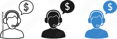 Customer service representative with headset and dollar sign in speech bubble icon set
