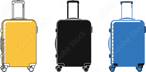 Three modern rolling suitcases in yellow black and blue with wheels and handles