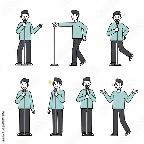 Male character speaking, performing, and presenting with a microphone in various poses, expressions, and gestures.
