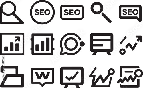 Collection of modern flat design icons representing seo analytics and business growth concepts isolated on transparent background
