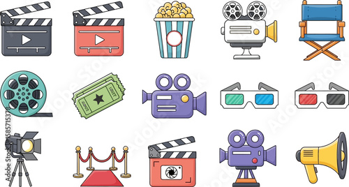 Collection of movie and cinema icons including cameras popcorn tickets and clapperboards