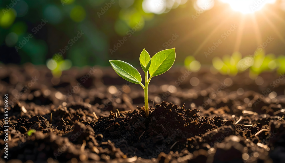 Young Plant Sprout Growing in Rich Dark Soil Under Warm Sunlight