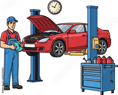 Mechanic working on car lift with tools and clock overhead