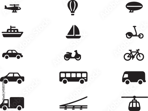 Collection of black transportation icons including helicopter hot air balloon blimp boat sailboat scooter car bus van truck train tracks and cable car isolated on transparent background