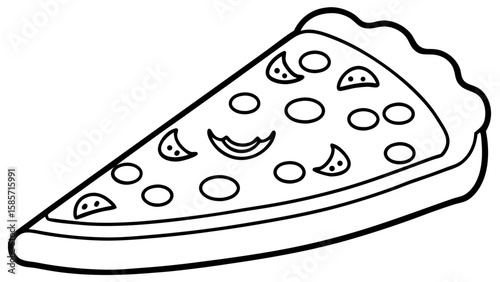 A black and white outline drawing of a pizza slice with circular and crescent shaped toppings present
