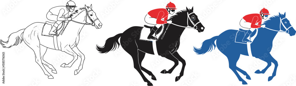 Three horses with jockeys racing in a line one black and white one black and red one blue and red