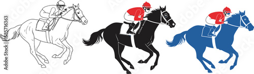 Three horses with jockeys racing in a line one black and white one black and red one blue and red