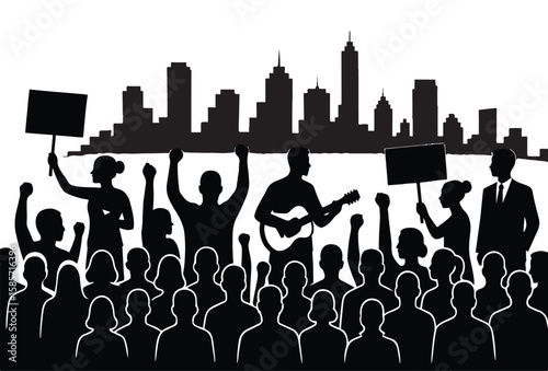 Silhouette Protest in the City: A powerful silhouette of a crowd protesting in the city, complete with raised fists, signs, and a person playing guitar.
