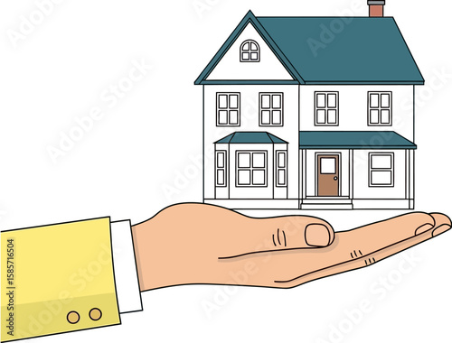 Real estate agent presenting a house on an open palm with a light blue background
