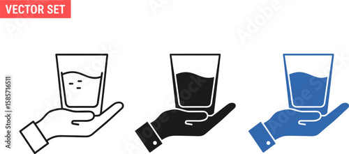 Set of three hand holding glass of water icons in outline solid and blue colors