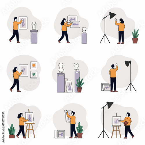 People Setting Up, Displaying, and Creating Art in a Gallery or Studio Environment, Featuring Paintings, Sculptures, and Photography.