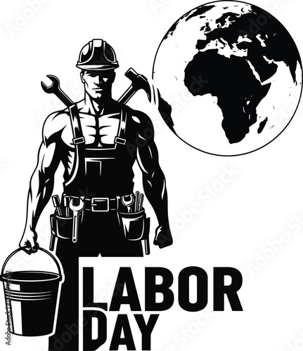 Muscular worker holding bucket with tools and globe overhead wrench