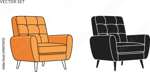 Stylized orange and black armchair vector set isolated on white background