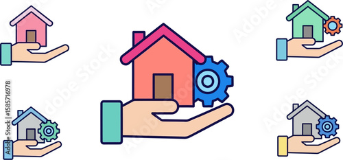 Hands holding houses with gears symbolizing home building and maintenance