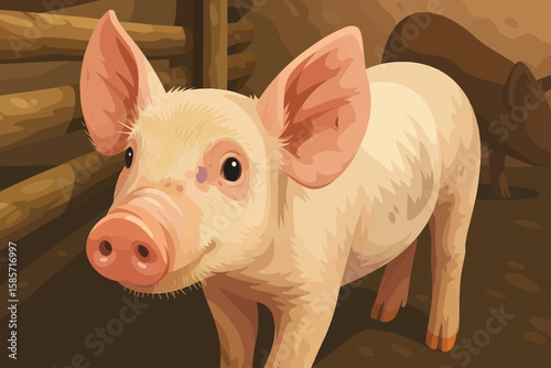 This is a digital illustration of a cute piglet standing in a rustic wooden pen. The piglet has a soft pink snout, large floppy ears, and creamy white fur with subtle brownish spots. Its expression is