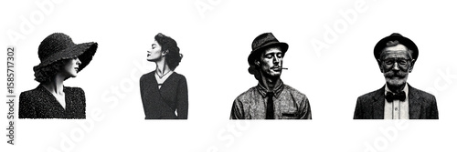 Vintage Portraits In Retro Engraving Set. Mid-20Th Century Fashion Collection Illustration Isolated On Transparent Background