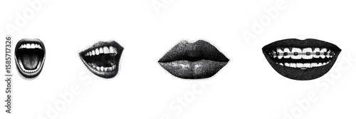 Retro Mouth Expressions Set. Vintage Black And White Lips And Teeth Collection Illustration Isolated On Transparent Background