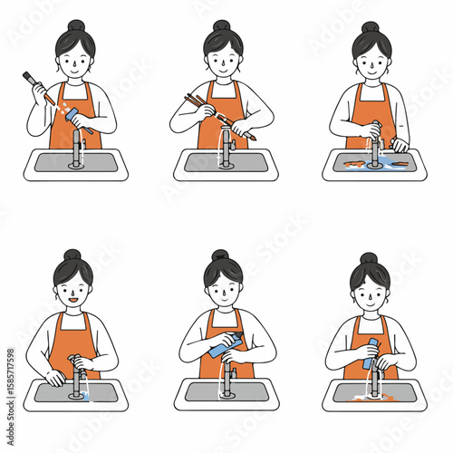 Kitchen cleaning routine: woman performing various dishwashing and sink maintenance tasks.