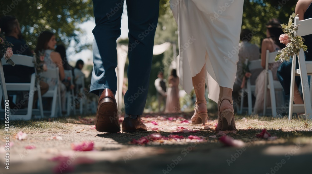 Obraz premium Couple walks down flower strewn aisle during outdoor wedding ceremony, surrounded by guests seated on white chairs. scene captures moment of love and celebration