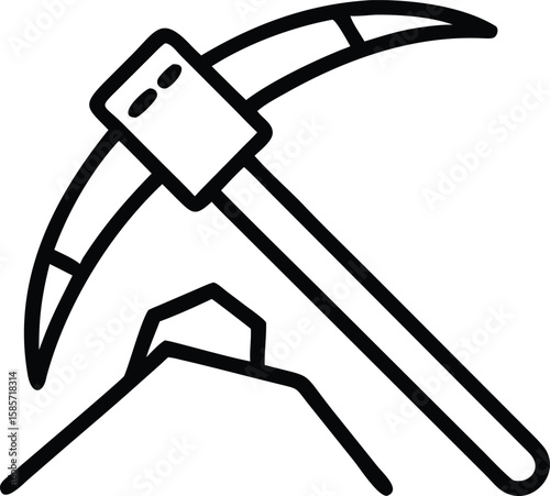 Line art pickaxe with mountain mining tool illustration design