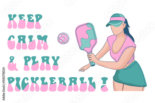 Colorful retro-style illustration of female pickleball player in action with bold “Keep Calm & Play Pickleball” slogan. Great for posters, apparel, social media, or branding use