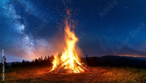 bonfire burning brightly under a midsummer night sky
