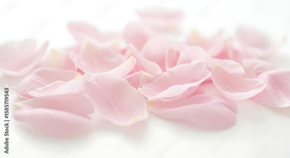 Obraz premium Pastel pink petals scattered across a white surface, floral and feminine