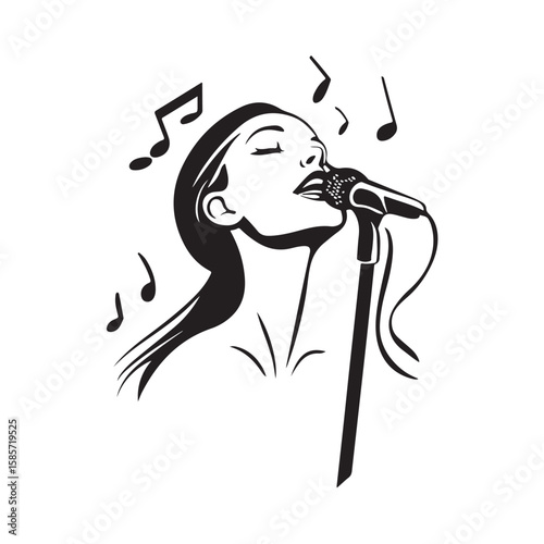 Vector illustration of a sketch of a female singer standing in front of a microphone, showing a passionate and emotional singing expression isolated on a white background.