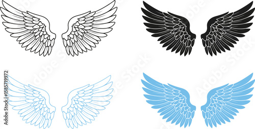 Collection of stylized angel wings in black white and blue colors