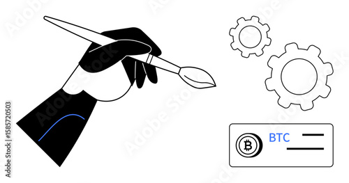 Hand holding paintbrush amid gears and cryptocurrency card reflecting tech-driven creativity. Ideal for fintech, blockchain, digital art, innovation, technology, design strategy, simple landing page