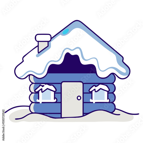 Wooden chalet with snow on roof in winter setting  
