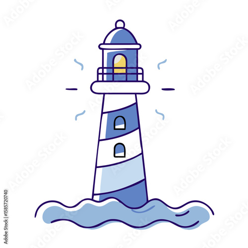 Lighthouse icon with waves and light in minimalist style  