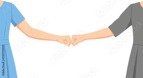 Two women in dresses giving each other a fist bump on a white background
