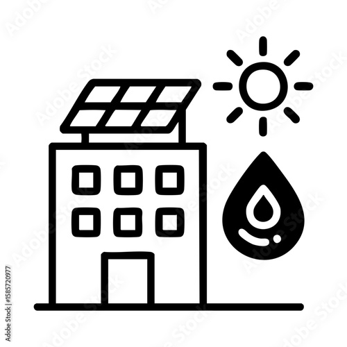 Eco building icon with solar panel, sunshine, and water conservation symbol