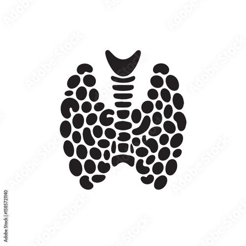 A black and white illustration of the thyroid gland, a butterflyshaped organ in the neck, isolated on a white background