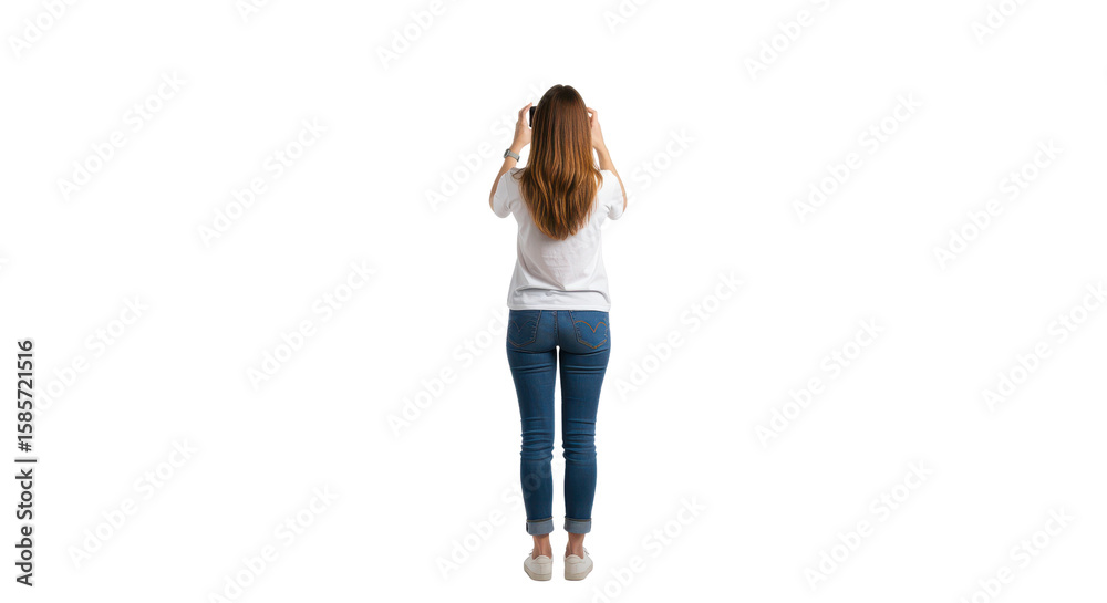 Rear view of a young woman with hands in her hair isolated PNG with Transparent Background Rear view of a young woman with hands in her hair isolated PNG with Transparent Background