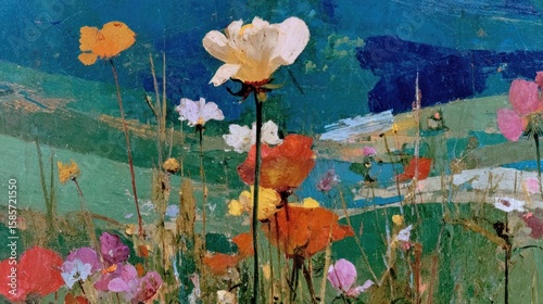 Wildflower field scene painting flowers art.