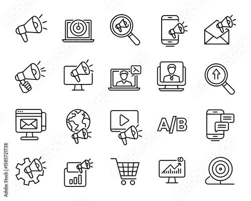 Digital Marketing Vector Icon Set  Megaphone, Target, Analytics, Email, Social Media, Video, AB Test, Campaign, Optimization  Adjustable Line Weight