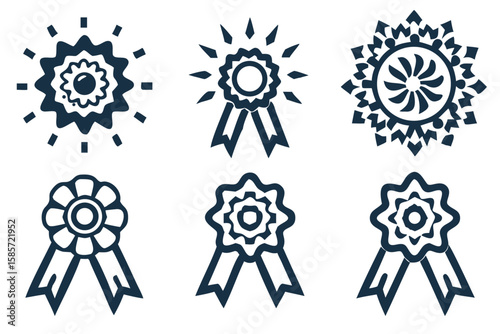 Collection of six stylized award ribbon designs with varied rosette and ribbon configurations icons