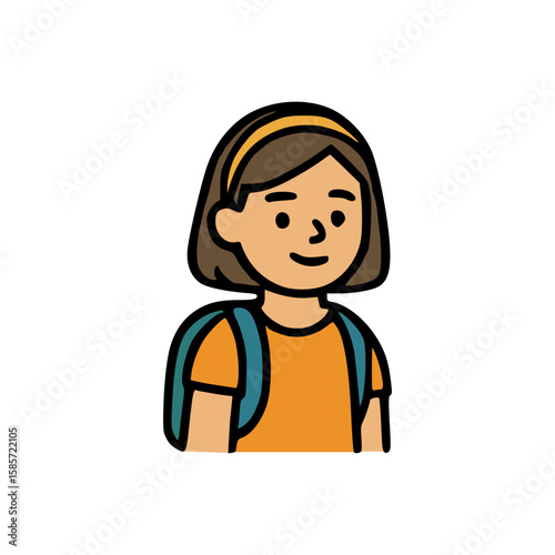 Smiling schoolgirl illustration with short hair and school bag isolated on white background vector