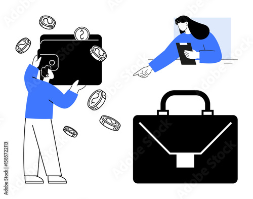 Person holding wallet with coins, woman reviewing document, and black briefcase icon. Ideal for finance, budgeting, professionalism, investment, career growth, organization simple landing page