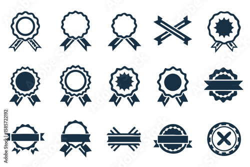 Collection of rosette awards and ribbon banners in dark blue on a white isolated background graphic design