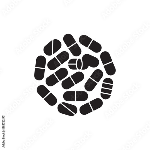 A circular arrangement of various black and white pills and capsules, representing medication and healthcare