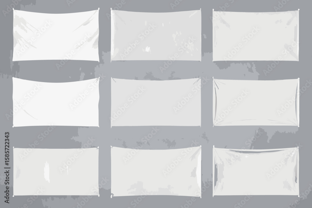 Collection of nine white rectangular banners hanging against a mottled gray background art illustration