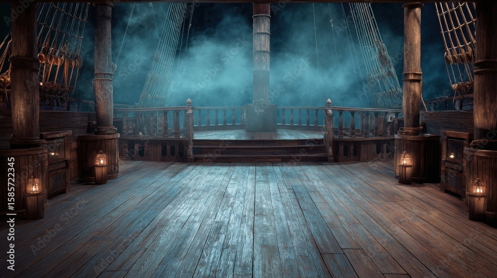 Fototapeta premium High-quality photo of high-quality photo of empty pirate ship deck background for theater stage scene.