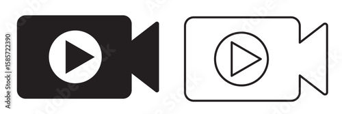 Video camera with play button. Vector icon of a video camera, representing media, recording, and film themes.